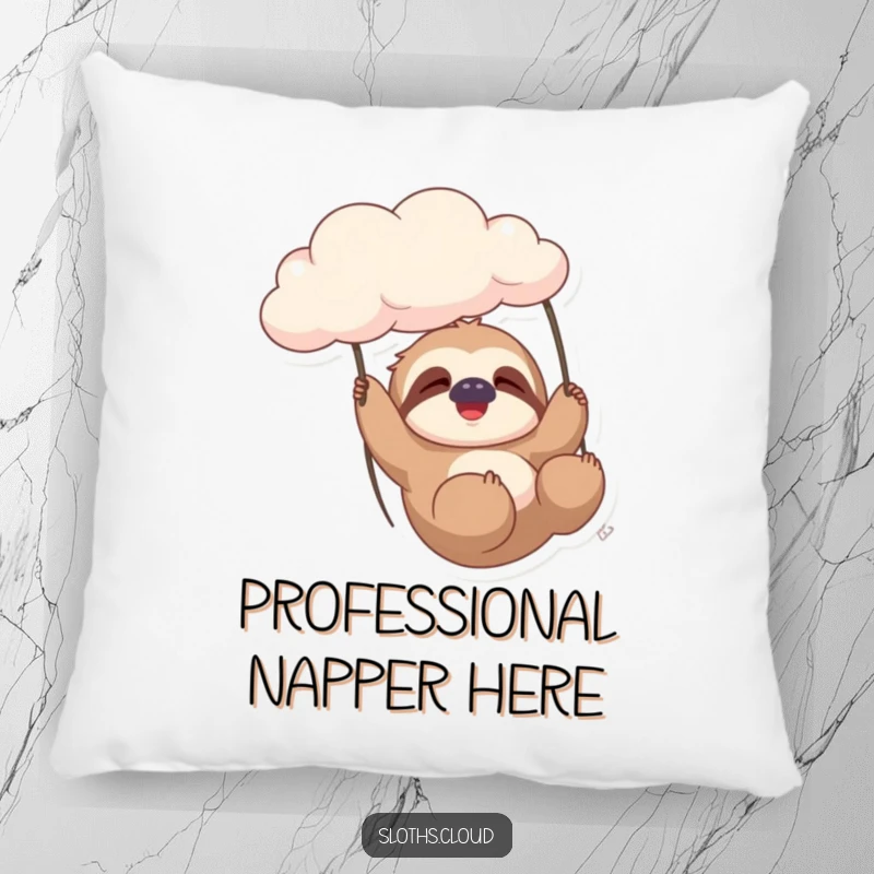 A funny and contented sloth gently swinging from a cloud, depicted on a soft, comfortable throw pillow.