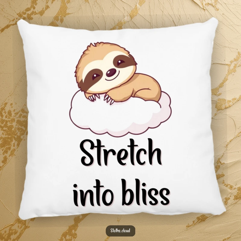 Funny pillow with a smiling sloth stretching languidly on a fluffy cloud, offering comfort and a touch of cheerful humor for home decor.