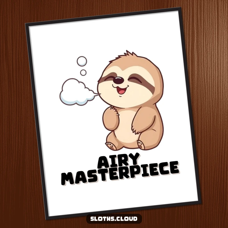 Funny Digital Art Print of a joyous sloth blowing a gentle puff of cloud-shaped air, ideal for whimsical decor.