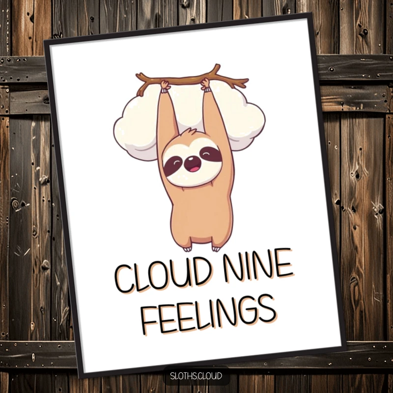 Funny kawaii sloth hanging upside down from a fluffy cloud, smiling peacefully. Humorous digital art print.