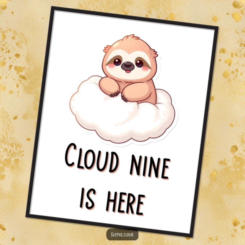 Funny digital art print of a kawaii sloth smiling serenely, floating on a cloud, for immediate wall decor.