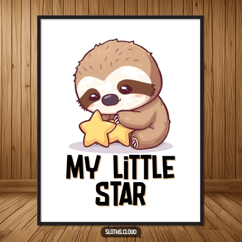 Funny digital art print of a sloth gently petting a tiny star with a kind expression, immediate funny gift.