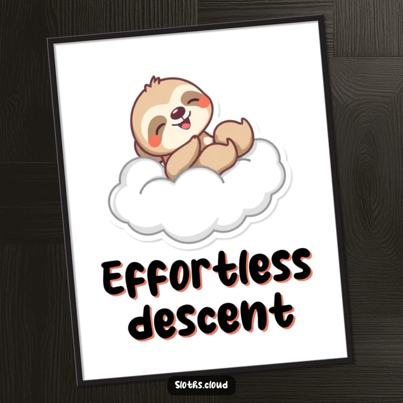 Funny digital art print of a sloth joyfully sliding down a fluffy cloud, radiating fun and humor, perfect for wall decor.