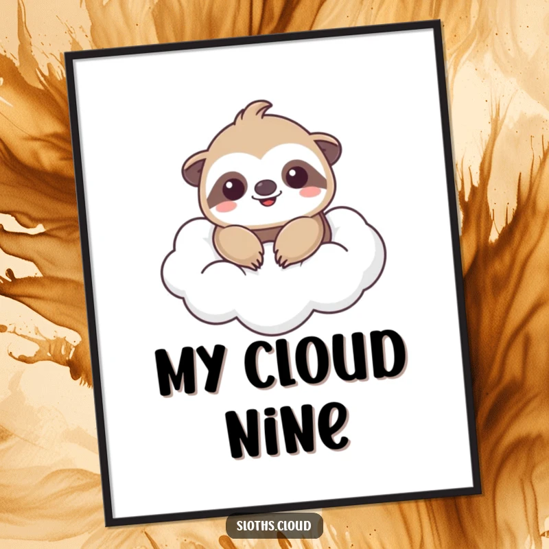 Funny digital art print of a kawaii sloth smiling while floating on a cloud, immediate funny gift.