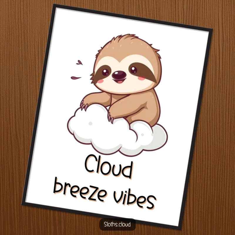 Funny kawaii sloth digital art depicting a cute sloth peacefully enjoying a gentle breeze while relaxing on a fluffy cloud.