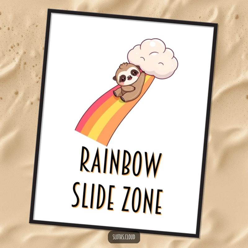 Funny kawaii sloth digital art print of a sloth playfully sliding down a rainbow, perfect for adding instant excitement and colorful decor.