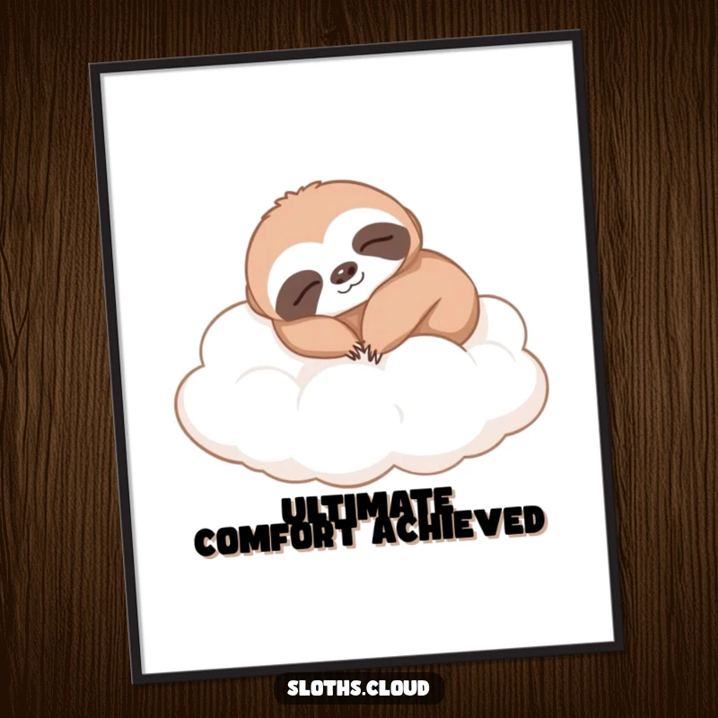 Funny sloth digital art print, comfortably napping on soft clouds. Instant, humorous wall decor promoting ultimate relaxation and sweet dreams.