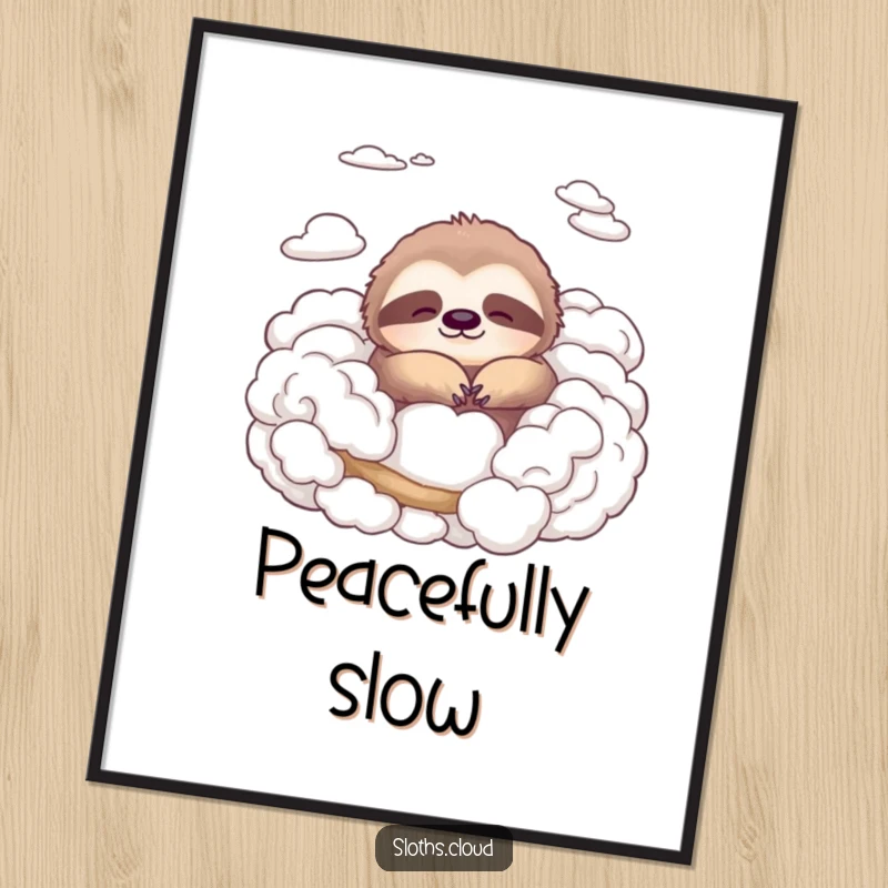 Funny digital art print of a peaceful sloth relaxing serenely among soft, cottony clouds, offering instant calm and humor to any digital display.