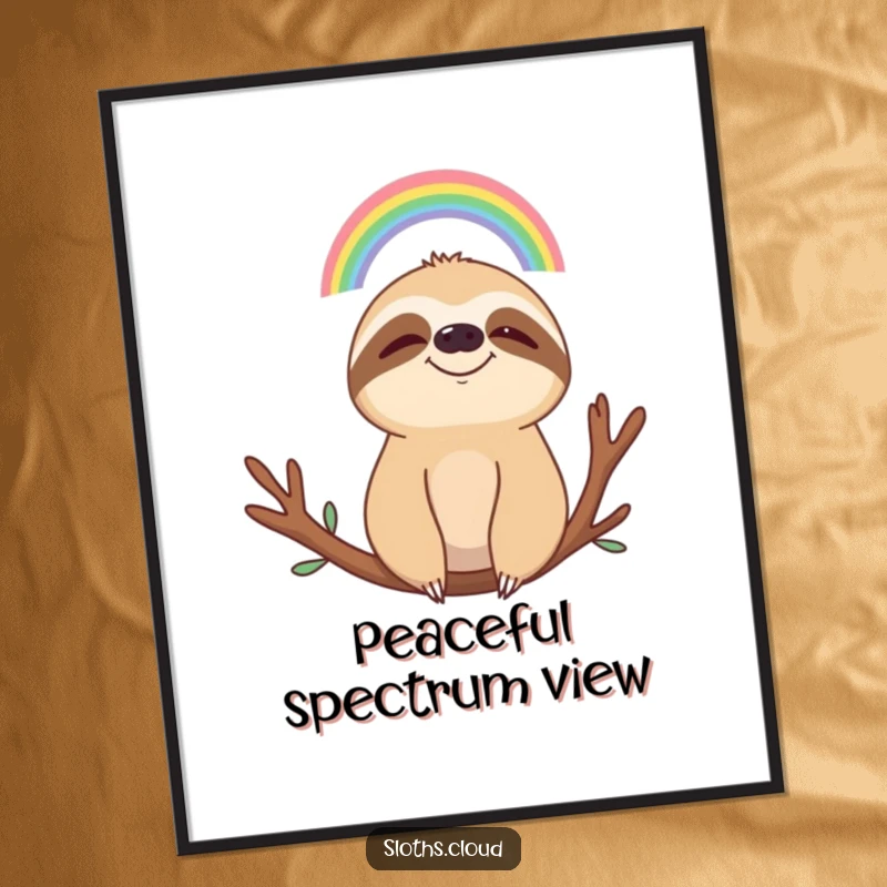 Funny digital art print of a serene sloth smiling at a tiny rainbow, radiating calm and humorous vibes, perfect for wall decor.