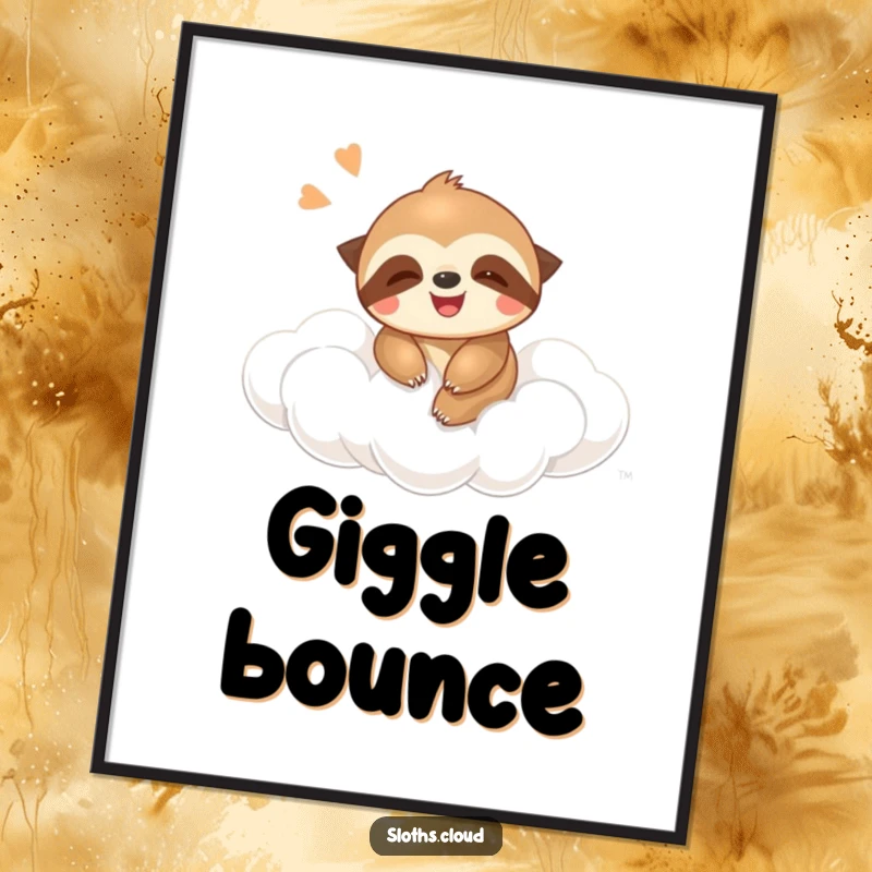 Funny digital art print of a giggling sloth bouncing on a cloud, perfect for creating a humorous and joyful atmosphere.