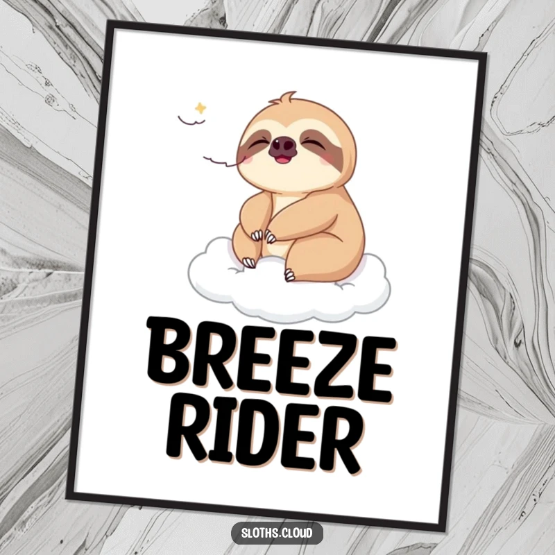 Funny digital art print of a sloth enjoying a gentle breeze on a cloud, perfect for creating a humorous and peaceful atmosphere.