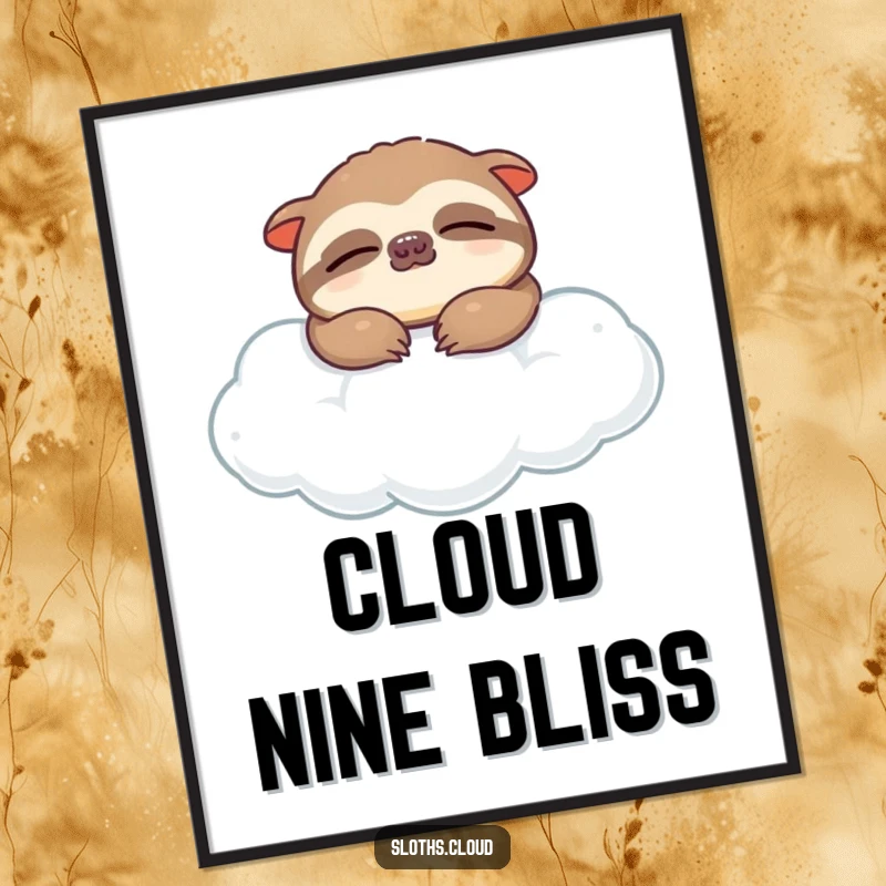 Funny digital art print featuring a serene sloth fast asleep on a fluffy cloud, embodying ultimate peace and relaxation.