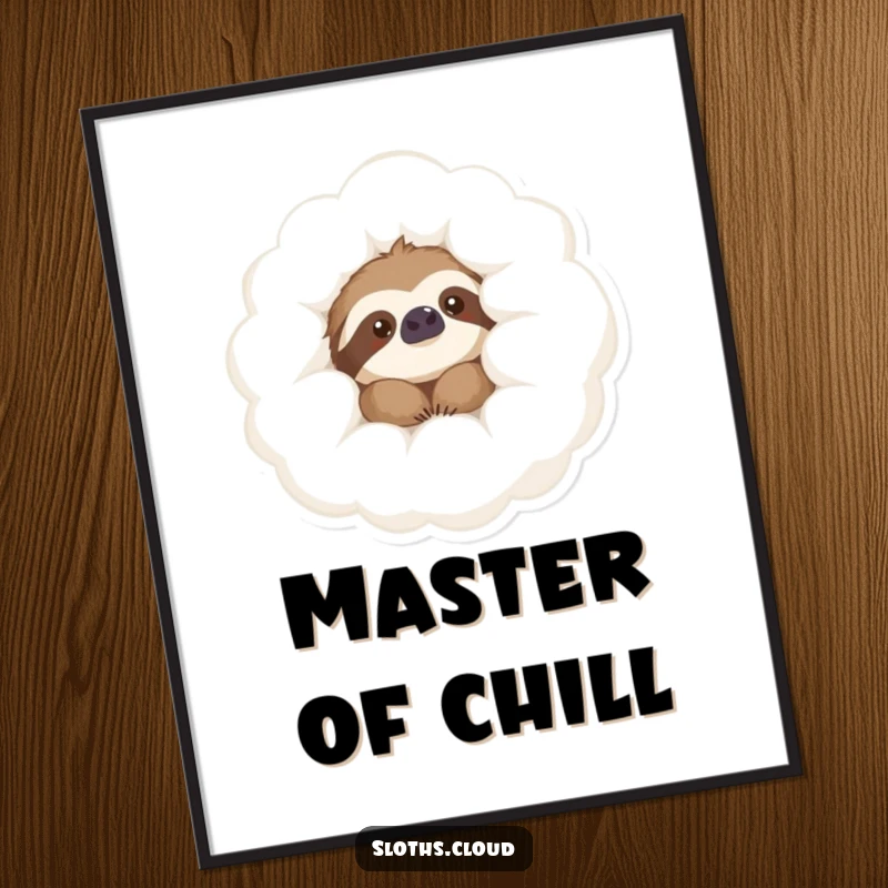 Funny Digital Art Print of a content sloth peeking from a soft cloud, capturing a moment of pure, humorous relaxation.