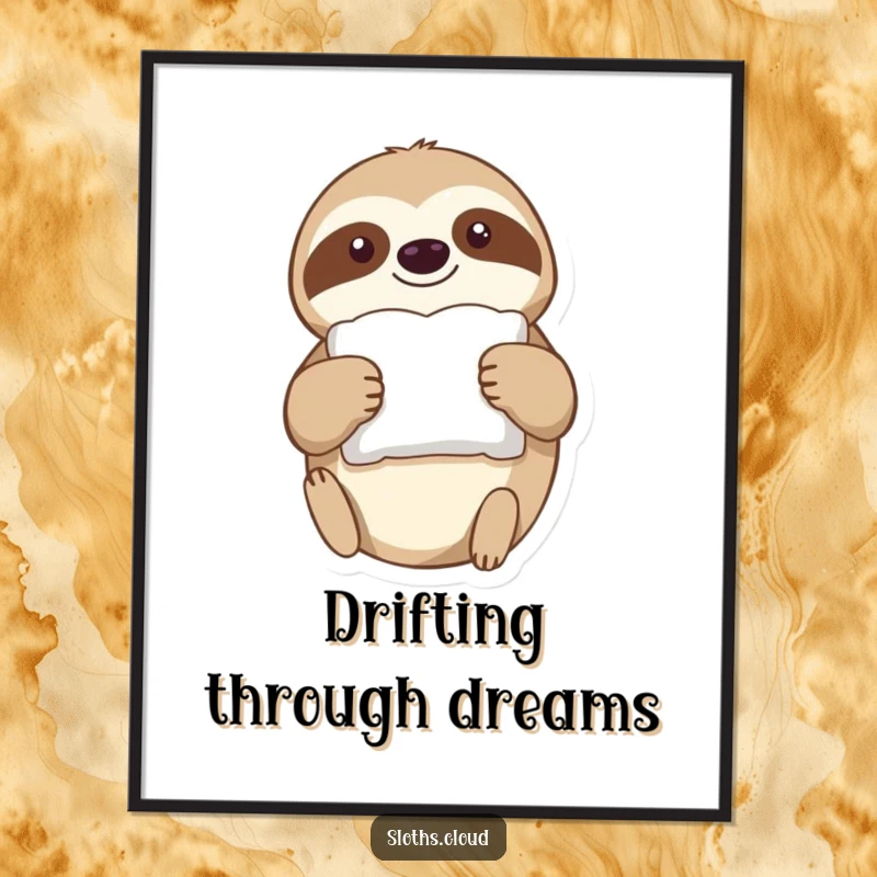 Funny Digital Art Print: A sloth drifts through the air holding a tiny, fluffy pillow, conveying sleepy comfort digitally.