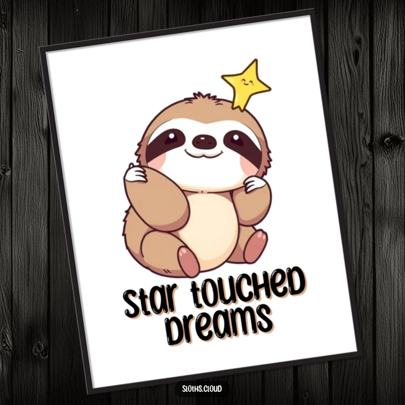 Funny digital art print of a sloth reaching out to touch a sparkling star, embodying gentle aspiration and quiet dreams.