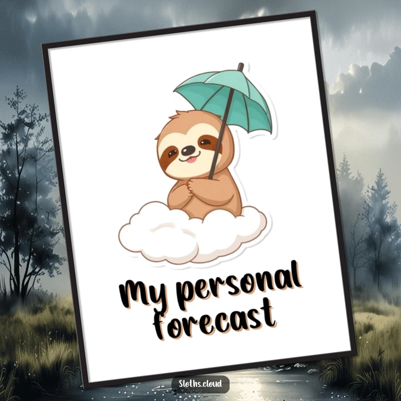 Digital art print of a funny sloth holding a tiny umbrella on a drifting cloud, full of charm and humor.