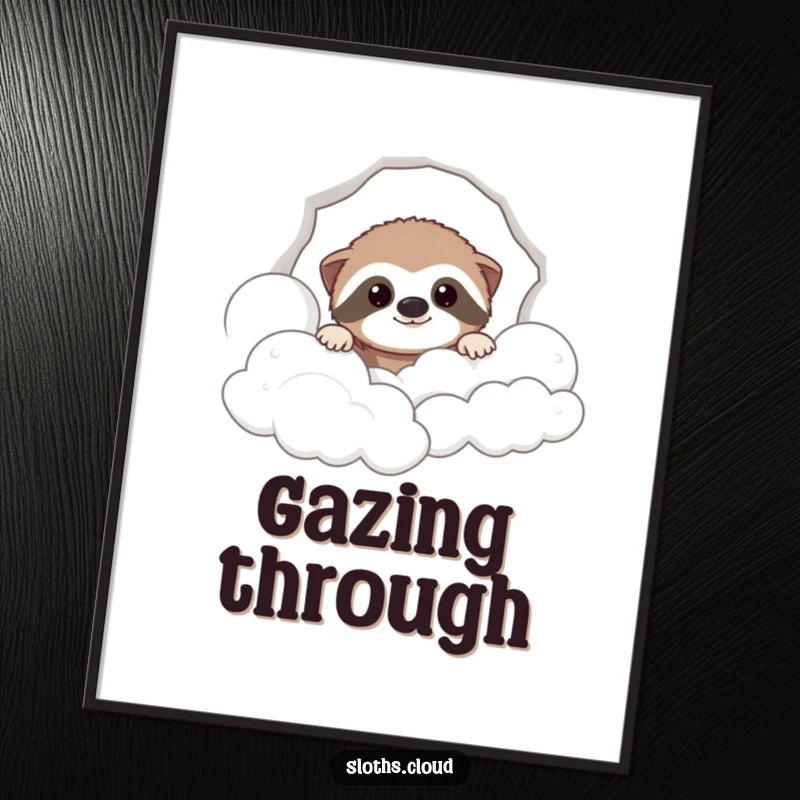 Funny digital art print of a cute sloth peeking through soft clouds, offering a whimsical and humorous decorative piece.