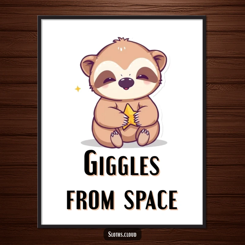 Funny digital art print of a giggling sloth playing with a small star, radiating pure joy and whimsical delight.