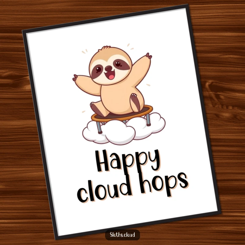 Funny digital art print of a happy sloth bouncing on a cloud like a trampoline, radiating pure energy and joy.