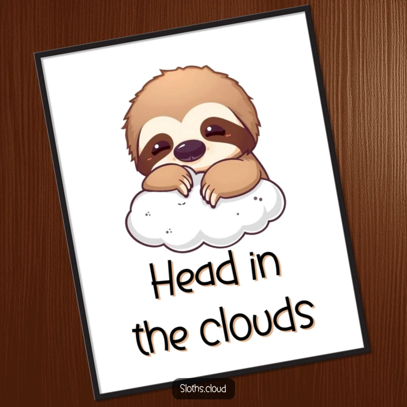 Funny digital art print of a sloth playfully nudging a fluffy cloud, radiating whimsy and humor, perfect for wall decor.