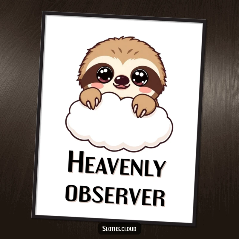 Funny kawaii sloth digital art print of a cute sloth peeking over a cloud, its eyes wide with wonder.