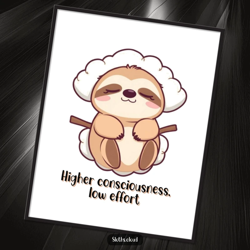 Funny sloth digital art print, eyes closed, carried by a cloud. Instant, humorous wall decor celebrating a relaxed and peaceful existence.