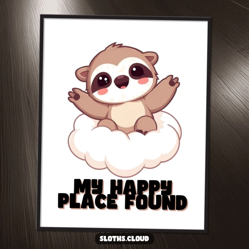 Funny digital art print of a kawaii sloth waving from a cloud, offering instant joyful decor and a serene, happy atmosphere.