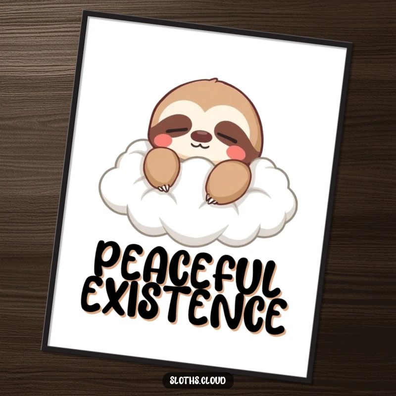 Funny digital art print of a sloth with closed eyes peacefully drifting on a soft cloud, exuding calm and serenity.