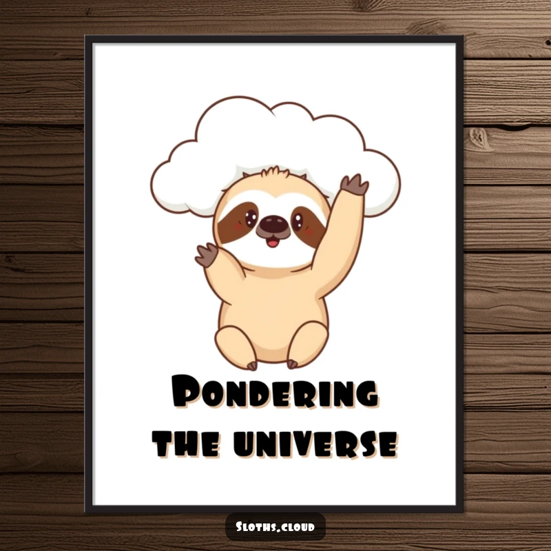 Funny digital art print of a sloth reaching a paw from a cloud with a curious expression, offering instant playful humor.
