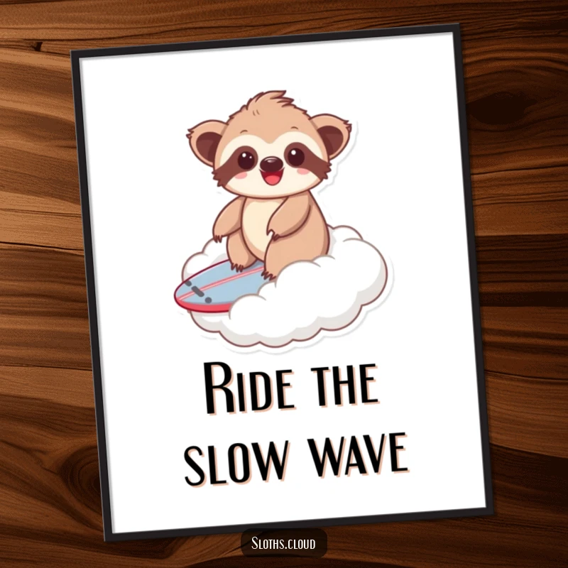 Funny kawaii sloth digital art print of a sloth joyfully surfing a cloud, perfect for adding instant cheer and whimsical decor.