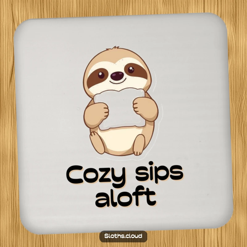 Funny Coaster: A sloth drifts through the air holding a tiny, fluffy pillow, adding humorous surface protection.