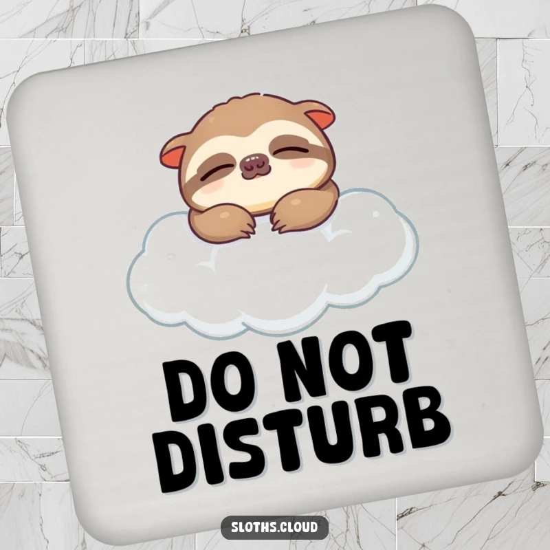 Funny coaster depicting a peacefully sleeping sloth drifting on a soft cloud, adding serene charm while protecting surfaces.