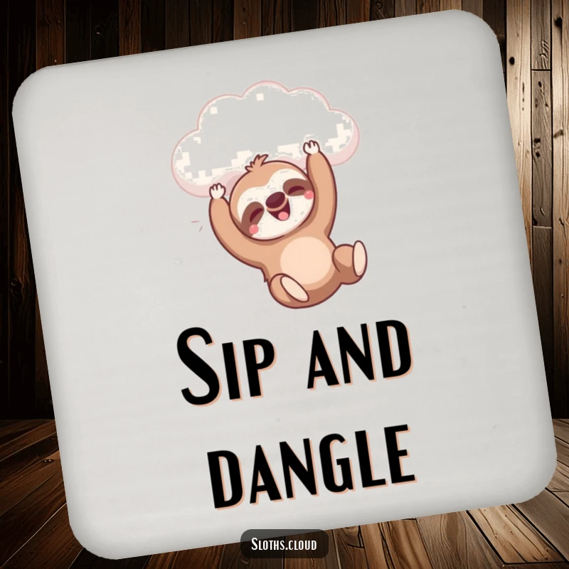 Funny drink coaster with a sloth happily dangling from a cloud, great funny gift for tables.