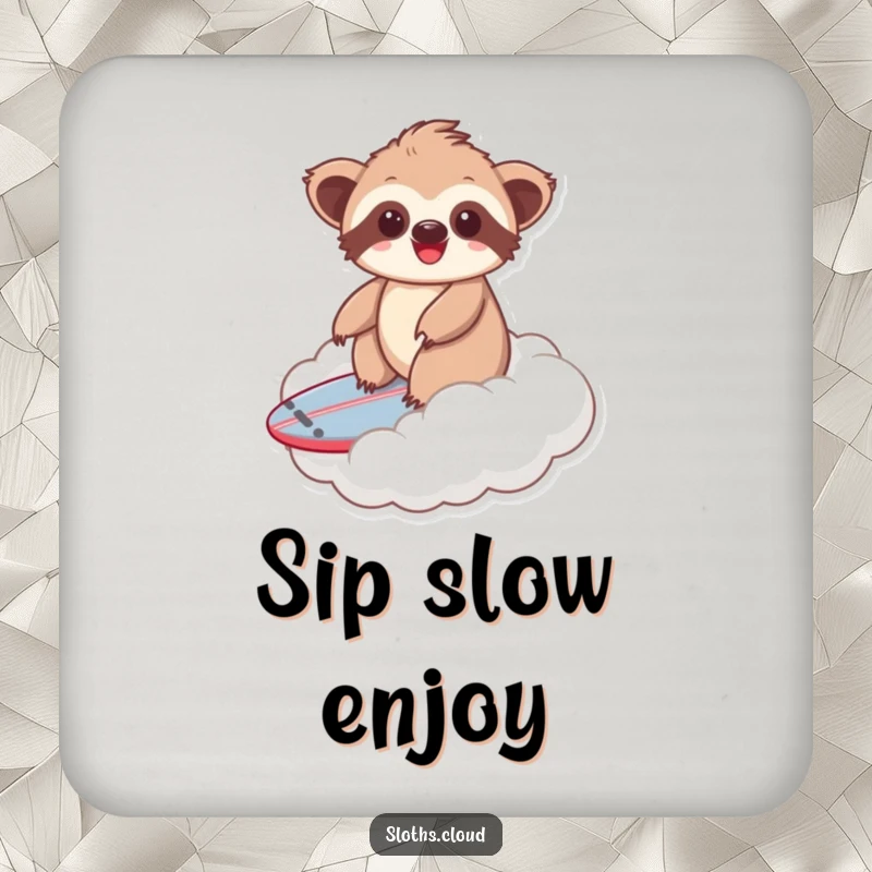 Funny kawaii sloth coasters showing a sloth surfing a cloud, great for protecting furniture with a joyful and whimsical design.