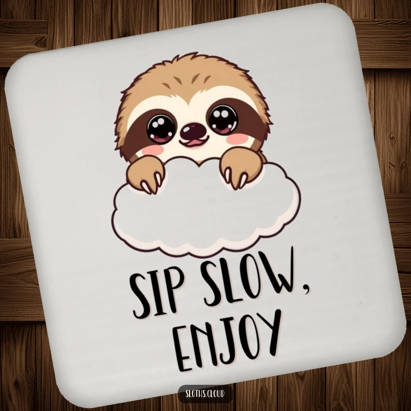Funny kawaii sloth coaster with a cute sloth peeking over a cloud, adding charm to any table.