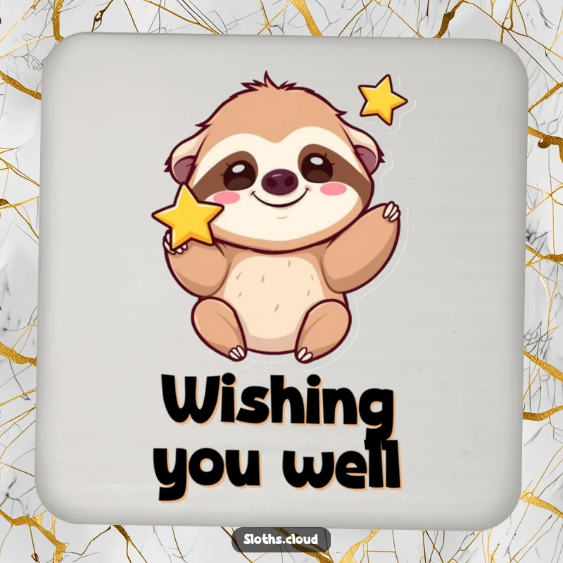 Funny kawaii sloth coaster with a cute sloth grinning silly while tossing a star, adding magic to any table.