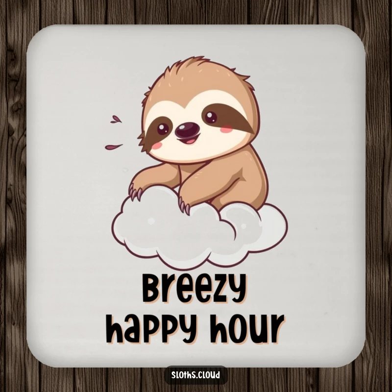 Funny kawaii sloth coaster showing a cute sloth enjoying a gentle breeze while floating on a cloud, protecting surfaces.