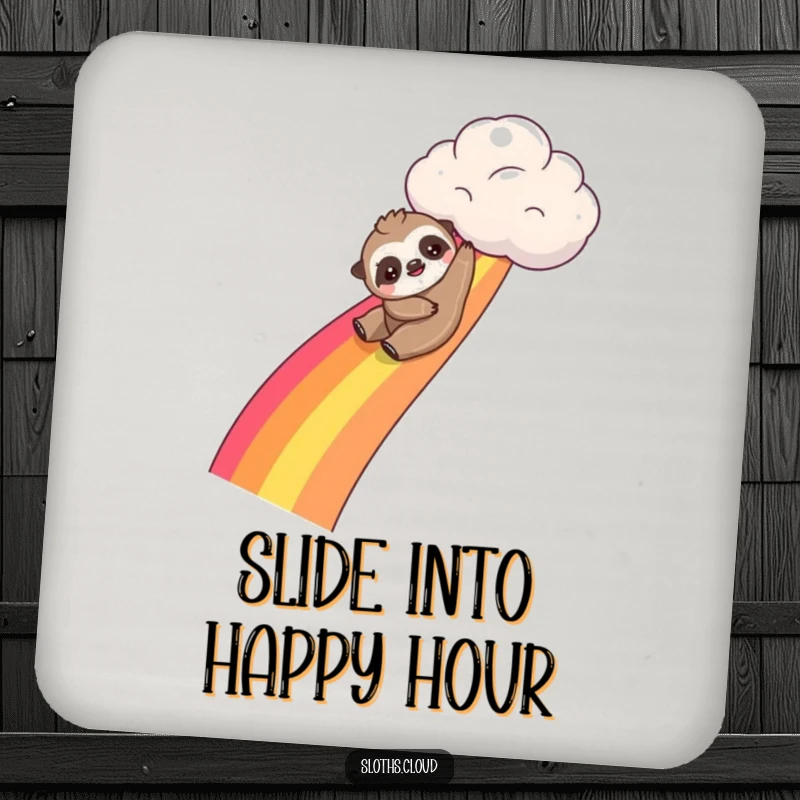 Funny kawaii sloth coasters showing a sloth sliding down a rainbow from a cloud, great for protecting furniture with a playful and vibrant design.