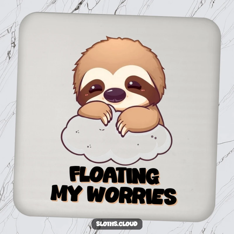 Funny drink coaster depicting a sloth playfully nudging a fluffy cloud, adding a humorous and whimsical touch to surfaces.