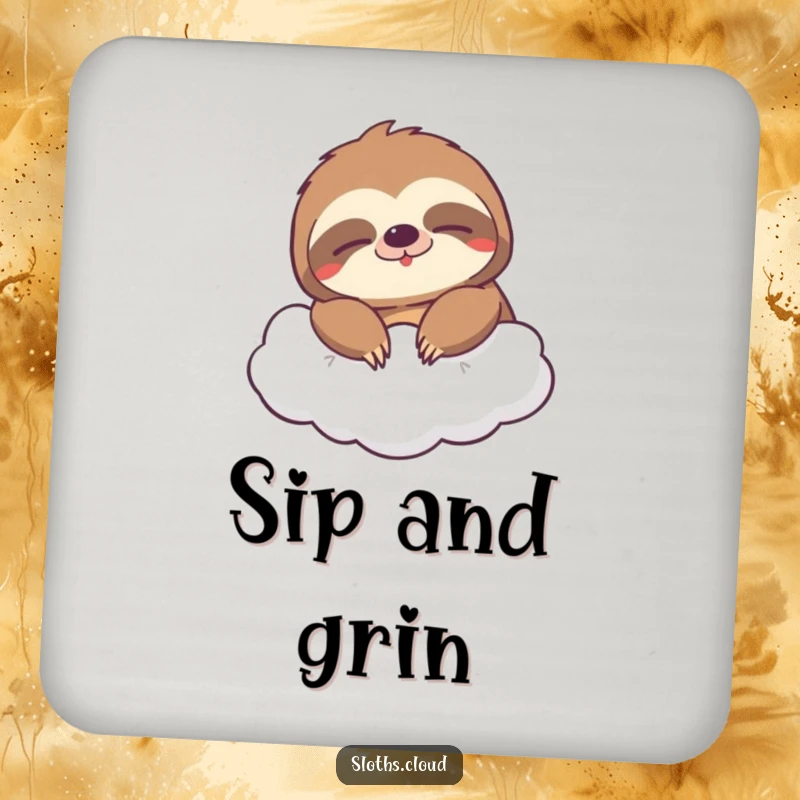 Funny drink coaster showing a sloth with a wide, sleepy grin floating on a cloud, adding cheerful humor to any table.