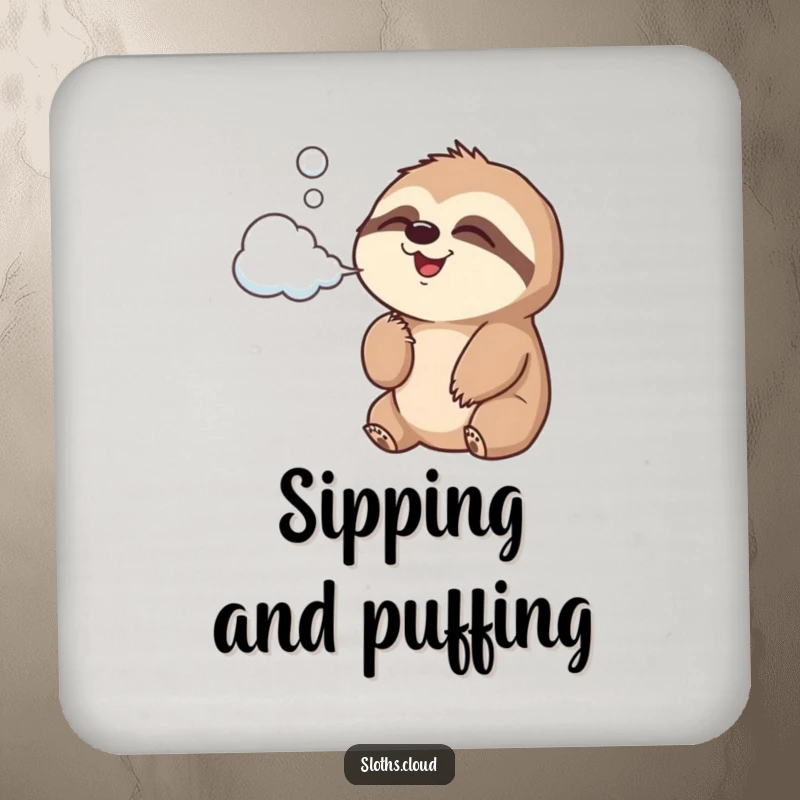 Funny Coaster with a joyful sloth blowing cloud-shaped air, adding a touch of whimsy and protection to tabletops.