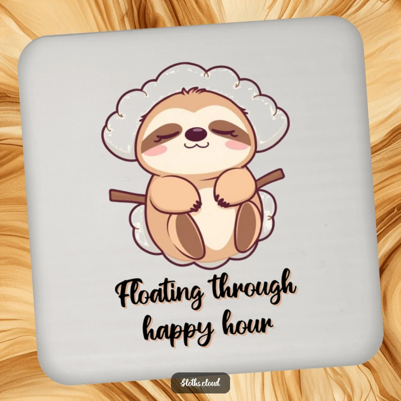 Funny sloth drink coaster, eyes closed, carried by a cloud. A humorous accessory to protect surfaces with a relaxed, whimsical touch.