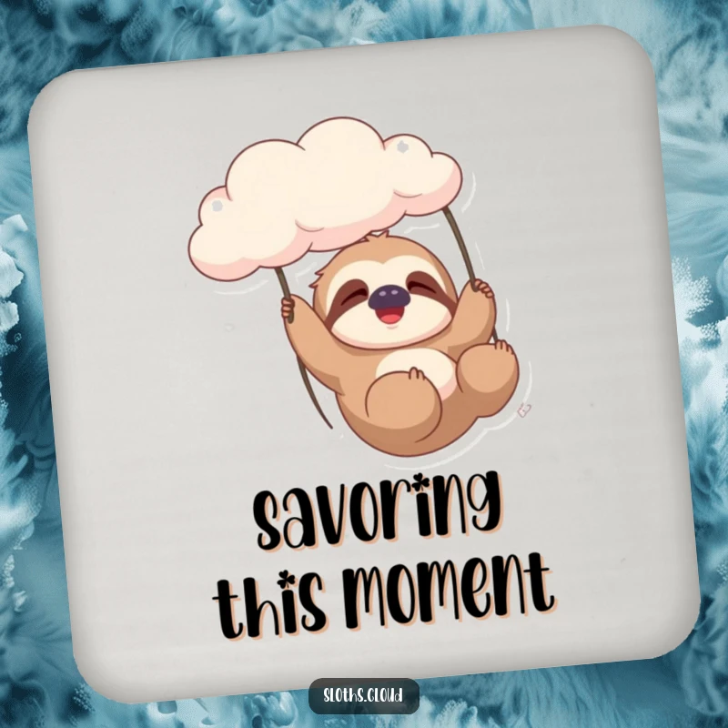 Funny sloth character gently swinging from a cloud, sighing contently, depicted on a drink coaster.