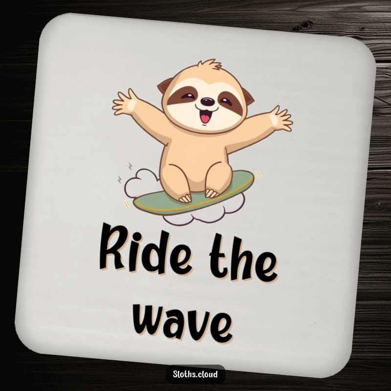 Funny coaster depicting a joyful sloth riding a wispy cloud like a surfboard, arms outstretched, adding a dynamic flair.