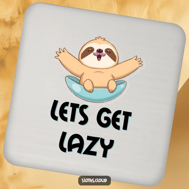Funny drink coaster featuring a sloth with arms spread wide, leisurely floating, protecting surfaces with humorous charm.