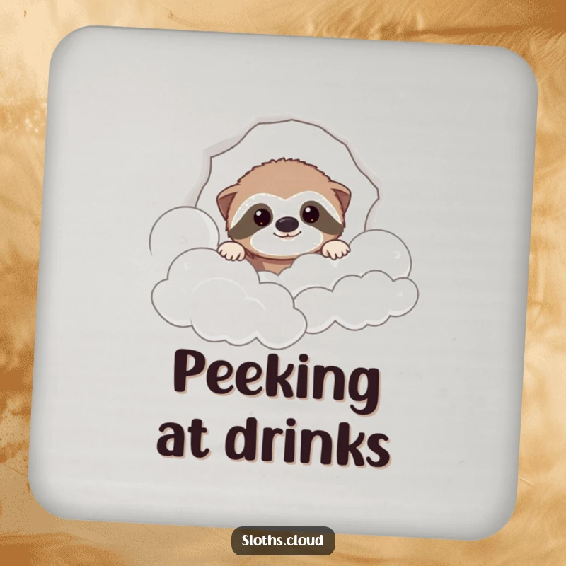Funny drink coaster showcasing a sloth peeking from clouds, adding a humorous and protective element to any surface.