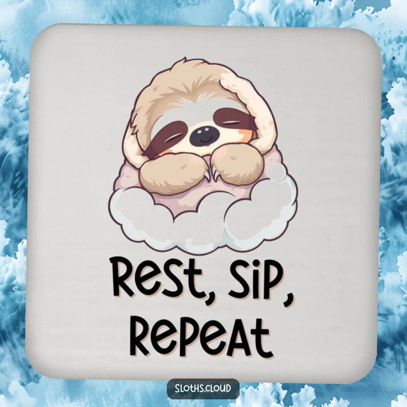 Funny Drink Coaster: A sloth naps peacefully wrapped in a cloud blanket, protecting surfaces with a dose of humorous coziness.