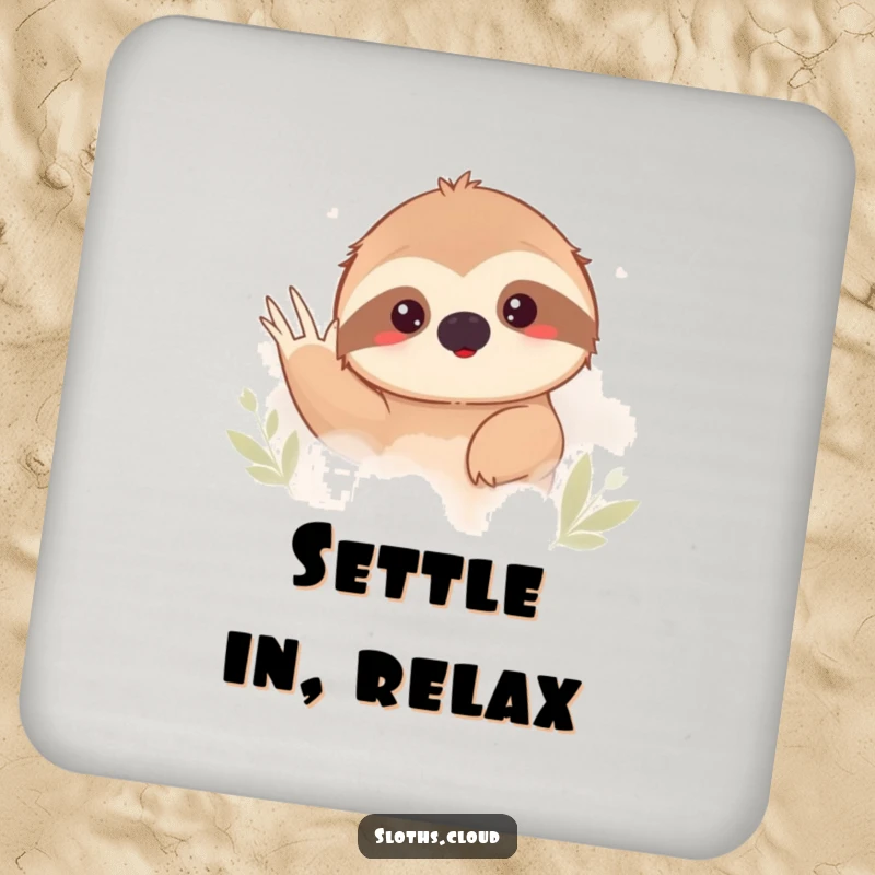 Funny sloth peeking shyly from behind thick fog, waving on a drink coaster. Humorous home decor.