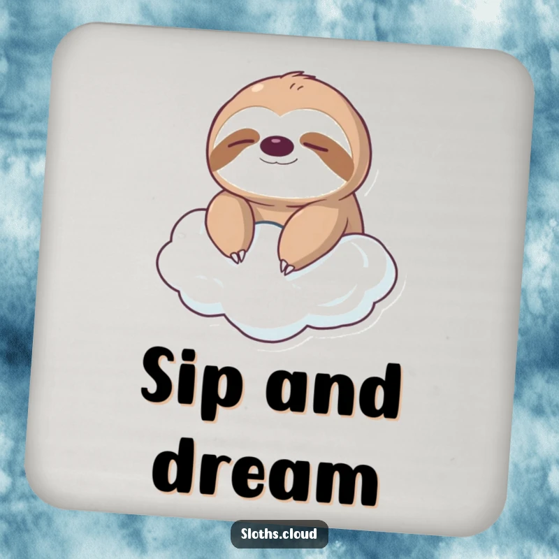 Funny coaster with a serene sloth floating on a cloud, adding peaceful humor to any surface and as a charming gift.