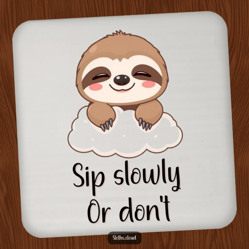 Funny drink coaster with a cute sloth peeking over a cloud, showing a sleepy grin, adding humorous protection to surfaces.